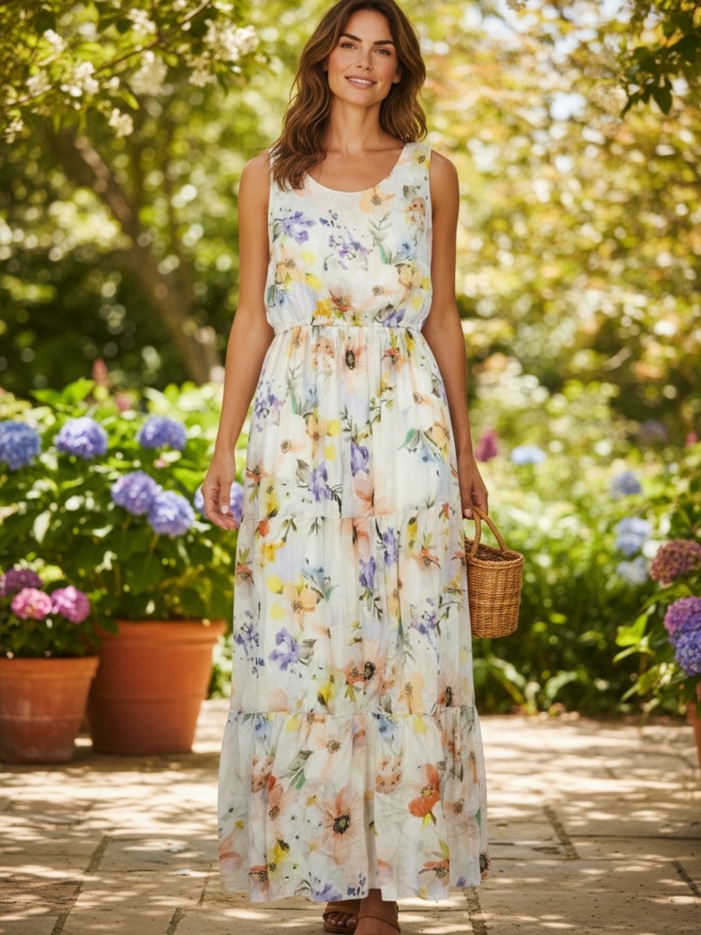 Lara G. Women's Floral Print Sleeveless Silk Blend Tiered
Maxi Dress